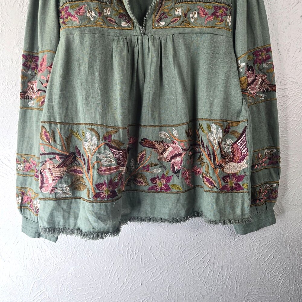 Sundance Boho Blouse Medium Dark Green Linen Floral Bird Embroidered Peasant Top - Picture 5 of 12